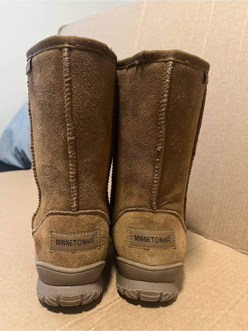 Minnetonka Tan Suede Mid-Calf Pull-On Heeled Boots